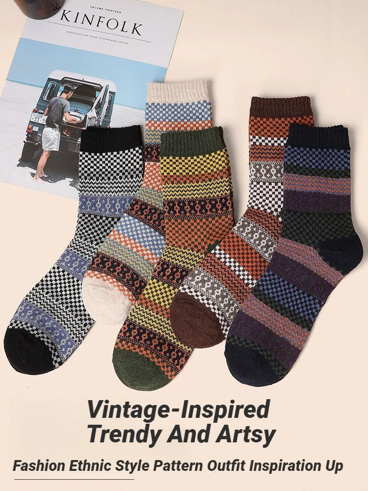 5 Pairs Winter Men's Socks Thicken Sheep's Wool Socks Warm Men Retro Style Colorful Fashion Man Socks For Snow boots