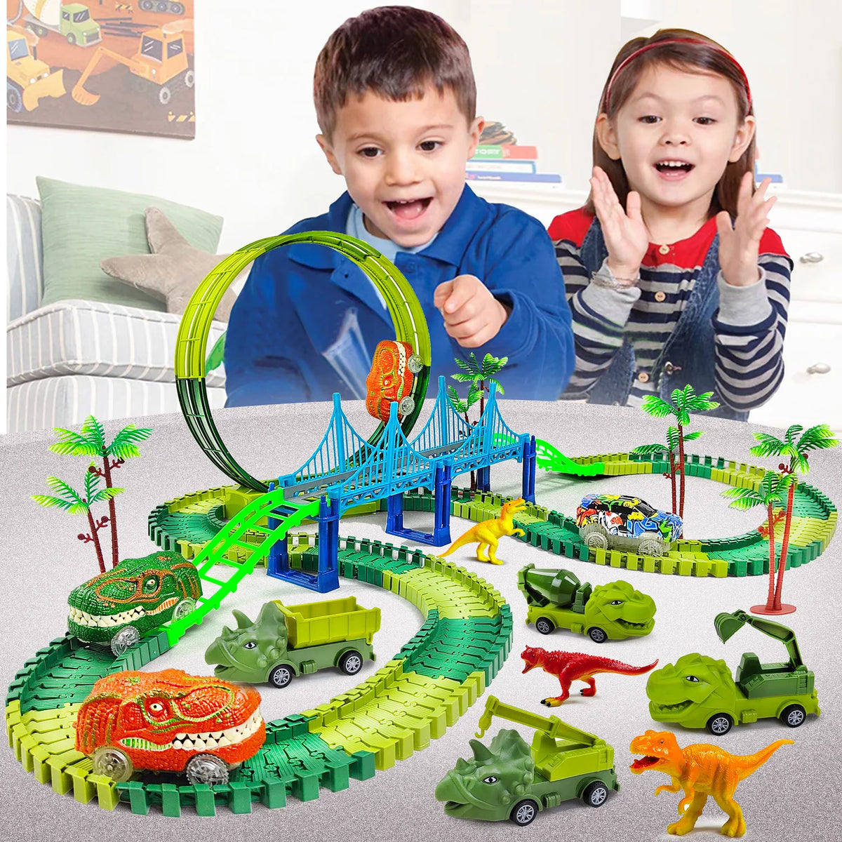 Dinosaur Track Toy – Kids Electric Track Car with Lights