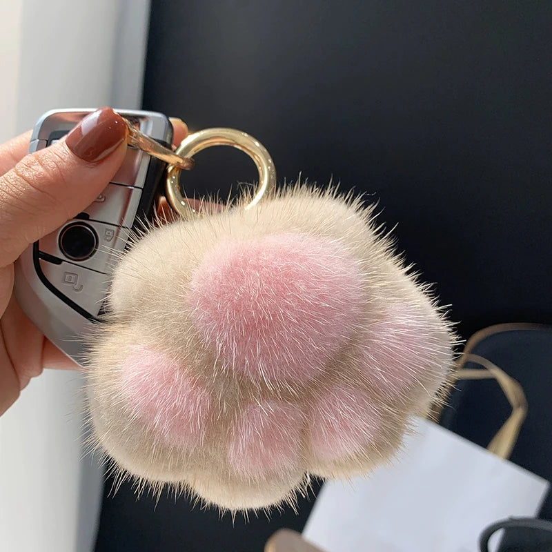 Cat Paw Keychain Fluffy Faux Fur Pom Pom Bag Charm