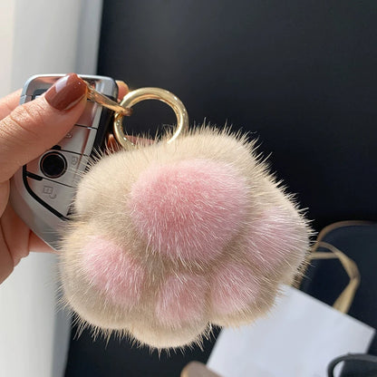 Cat Paw Keychain Fluffy Faux Fur Pom Pom Bag Charm