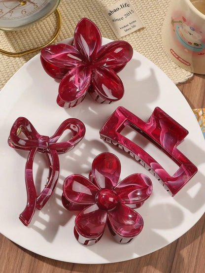 4Pcs Autumn Winter Burgundy Bow Square Flower Hair Claw Clips for Women MultiStyle Red Fashion Hair Accessories Headwear Hairpin