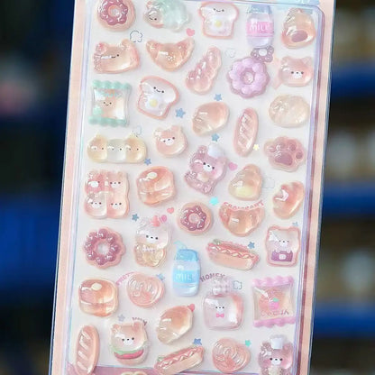 Kawaii 3D Jelly Resin Stickers Cute Cartoon Sparkle Transparent Decals for Scrapbooking Phone Case Laptop DIY Decor
