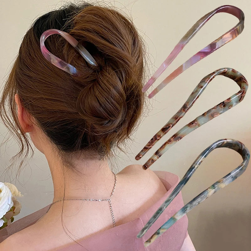 U-Shaped Hair Sticks Acetate Acrylic Hair Fork Hair Clips Fashion Bow Hairpin Geometric Headwear Women Girls Hair Accessories