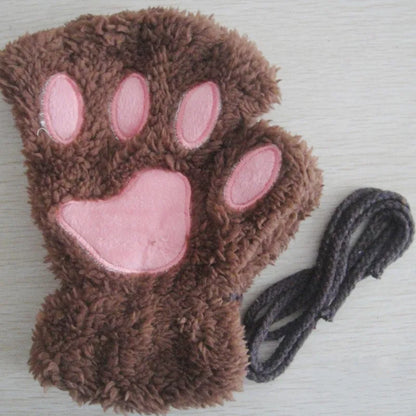Cat Paw Fingerless Gloves – Plush Wrist Mittens for Adults