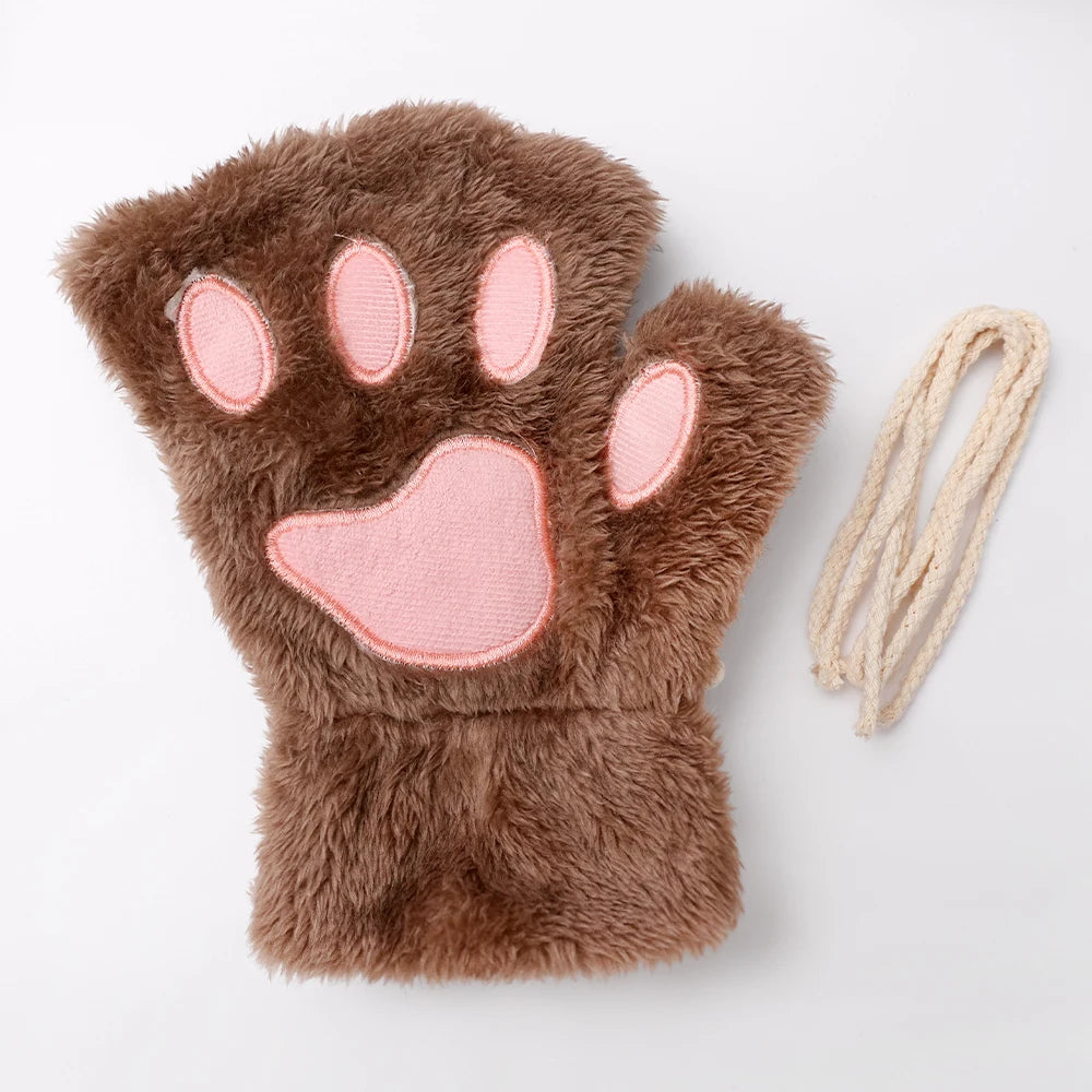 Fingerless Gloves, Cute Cat Paw Plush Gloves for Women & Adults