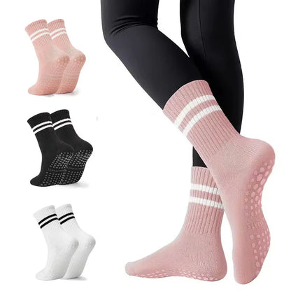 3 Pairs Women Long Yoga Socks Silicone Anti-Slip Grips Non Skid Socks Ideal for Pilates Barre Ballet Dance Home Workout Fitness