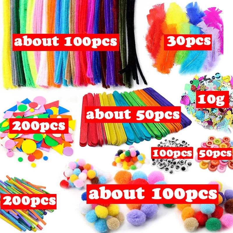 Kids Craft Supplies Kit – DIY Pipe Cleaners, Pom Poms & Stickers