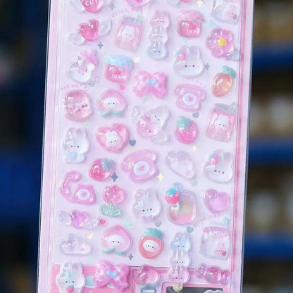 Kawaii 3D Jelly Resin Stickers Cute Cartoon Sparkle Transparent Decals for Scrapbooking Phone Case Laptop DIY Decor