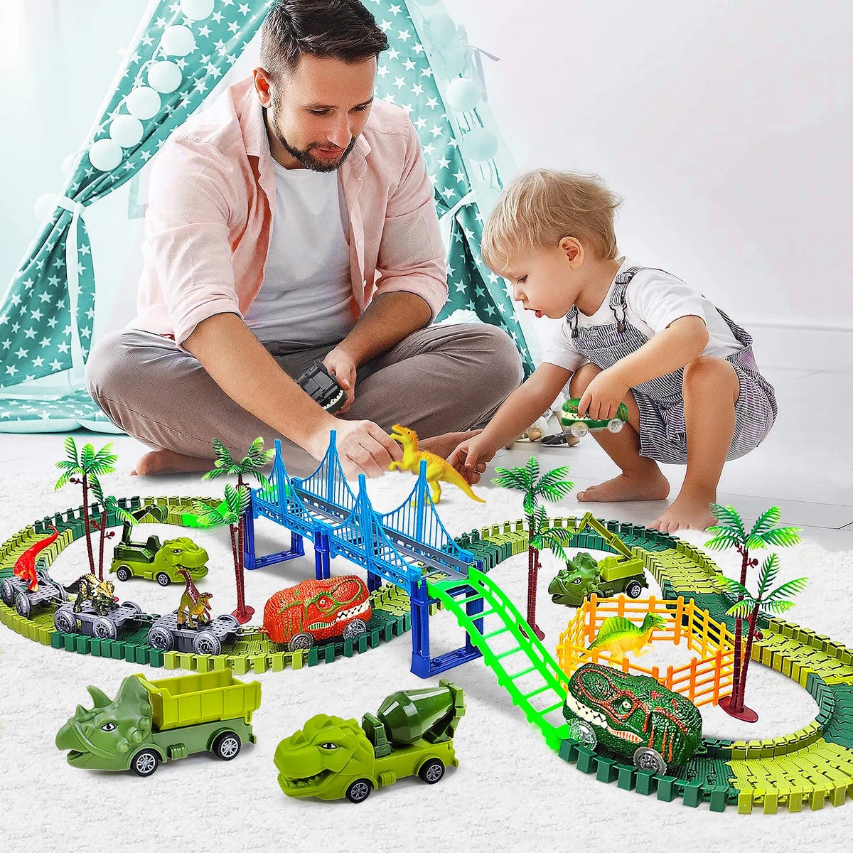 Dinosaur Track Toy – Kids Electric Track Car with Lights