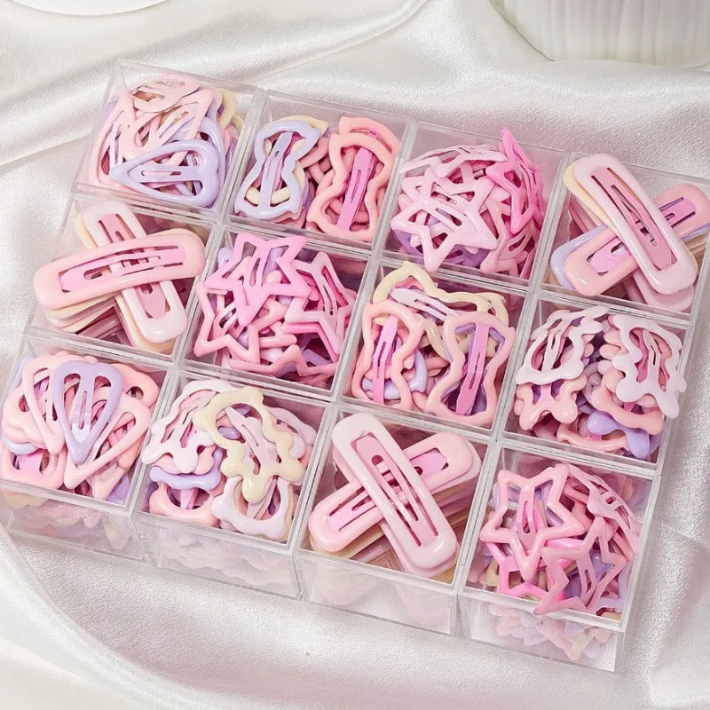 Girls Hair Clips Set with Pink Heart and Bow Designs