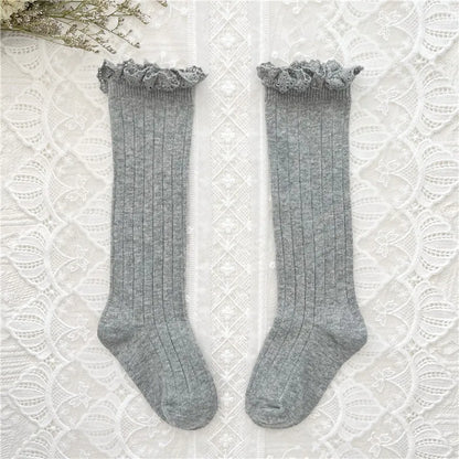 Ruffle Girls Knee High Socks Baby Kids Toddlers Long Soft Cotton Sock Lace Flower Children School Uniform Socks For 0-8Years