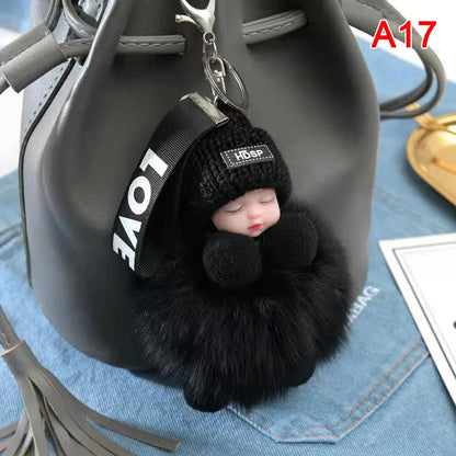 Pompom Sleeping Baby Keychain Cute Fluffy Plush Doll Keyholder Women Girl Bags Keyrings Cars Key Ring Gift Charming Decoration