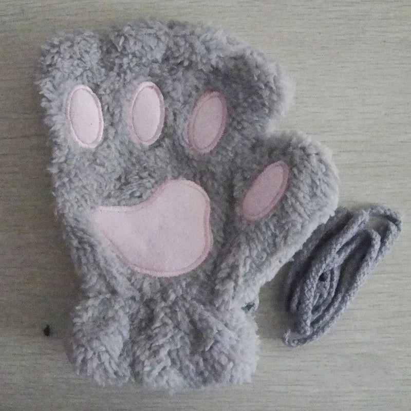 Cat Paw Fingerless Gloves – Plush Wrist Mittens for Adults