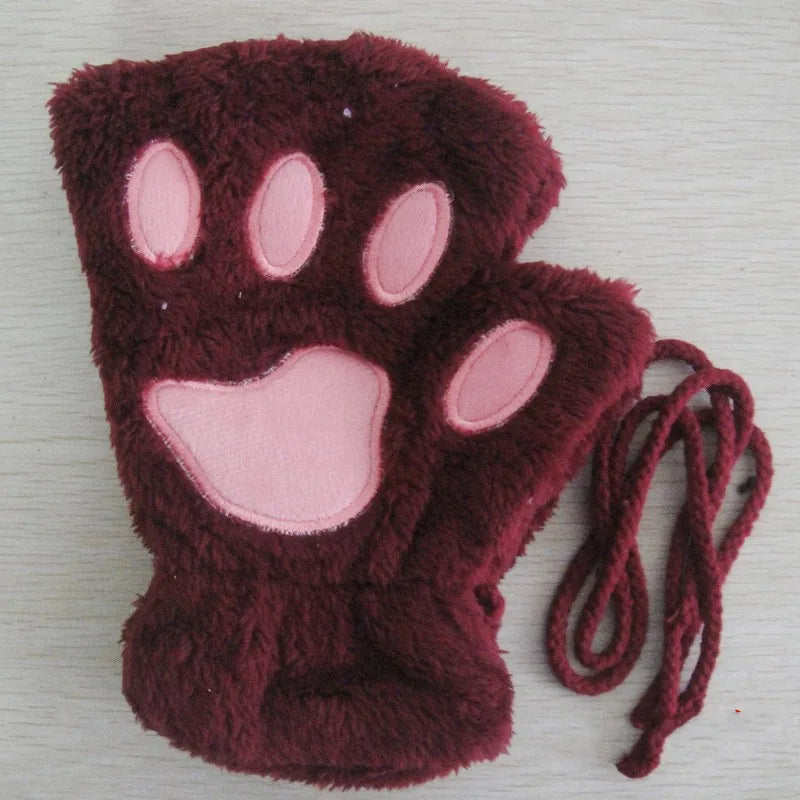 Cat Paw Fingerless Gloves – Plush Wrist Mittens for Adults