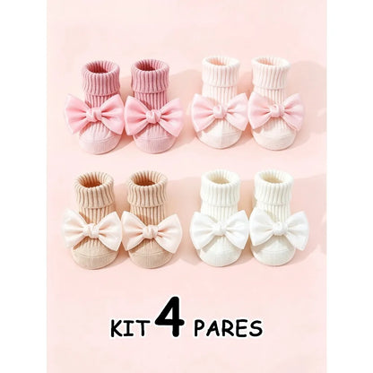 4 Pairs Toddler Socks with Bows, Soft Cotton Cute Ankle Socks for Infants Girls, Fashion Anty-Slip Newborn Baby Socks 0-24 Month