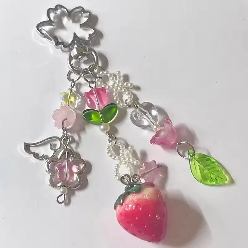 Beaded Phone Charm, Cute Bear Strawberry Chain Y2K Accessory