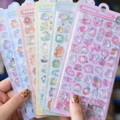 Kawaii 3D Jelly Resin Stickers Cute Cartoon Sparkle Transparent Decals for Scrapbooking Phone Case Laptop DIY Decor