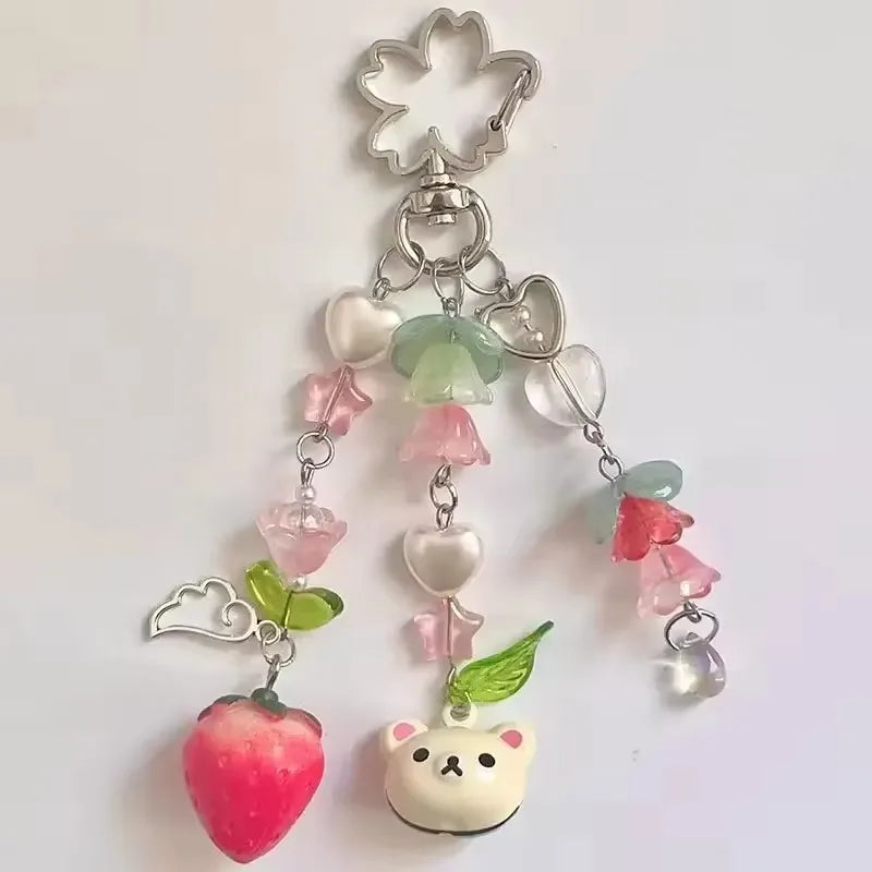 Beaded Phone Charm, Cute Bear Strawberry Chain Y2K Accessory