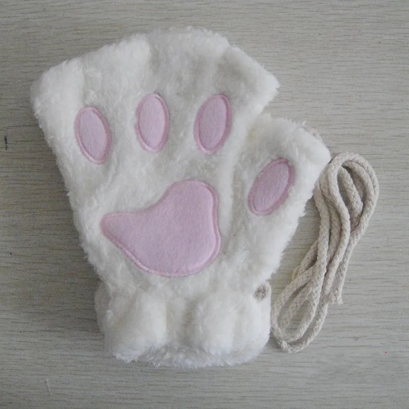 Cat Paw Fingerless Gloves – Plush Wrist Mittens for Adults