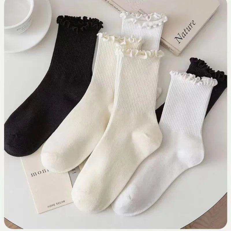 5 Pairs /1 Lot Socks for Women Breathable Black White Set Spring Autumn Ruffle Middle Tube Ankle Short