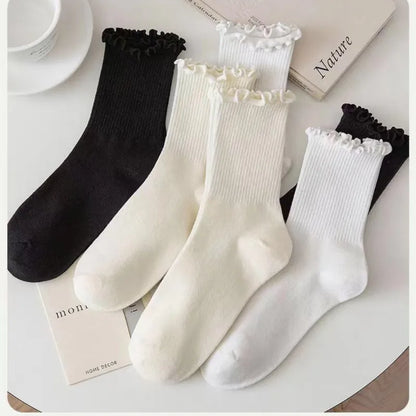 5 Pairs /1 Lot Socks for Women Breathable Black White Set Spring Autumn Ruffle Middle Tube Ankle Short