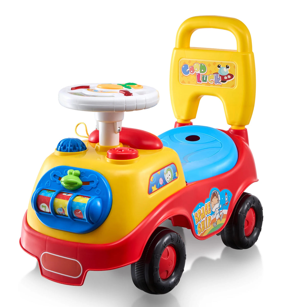 Toddler Ride-On Push Car with Music, Steering Wheel and Storage