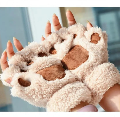 Fingerless Gloves, Cute Cat Paw Plush Gloves for Women & Adults