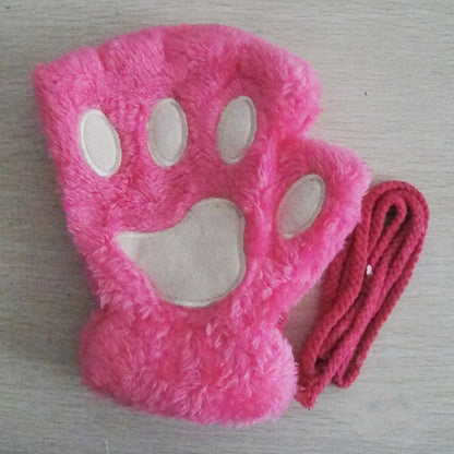 Cat Paw Fingerless Gloves – Plush Wrist Mittens for Adults
