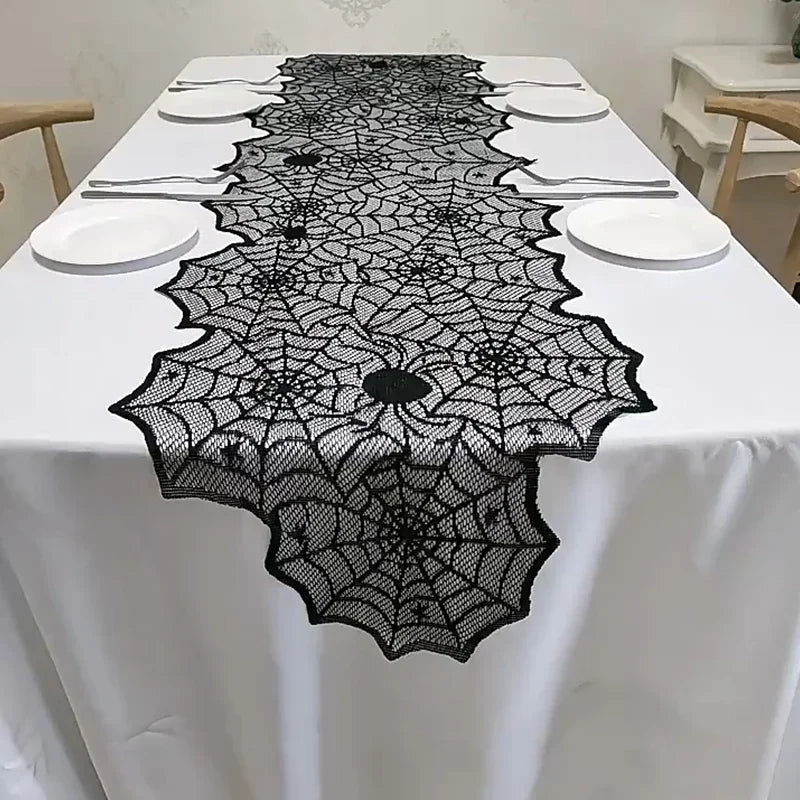 Halloween Spider Web Tablecloth – Black Lace Table Runner