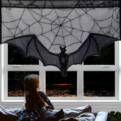 Halloween Lace Curtain with Black Bats and Spider Web Decor